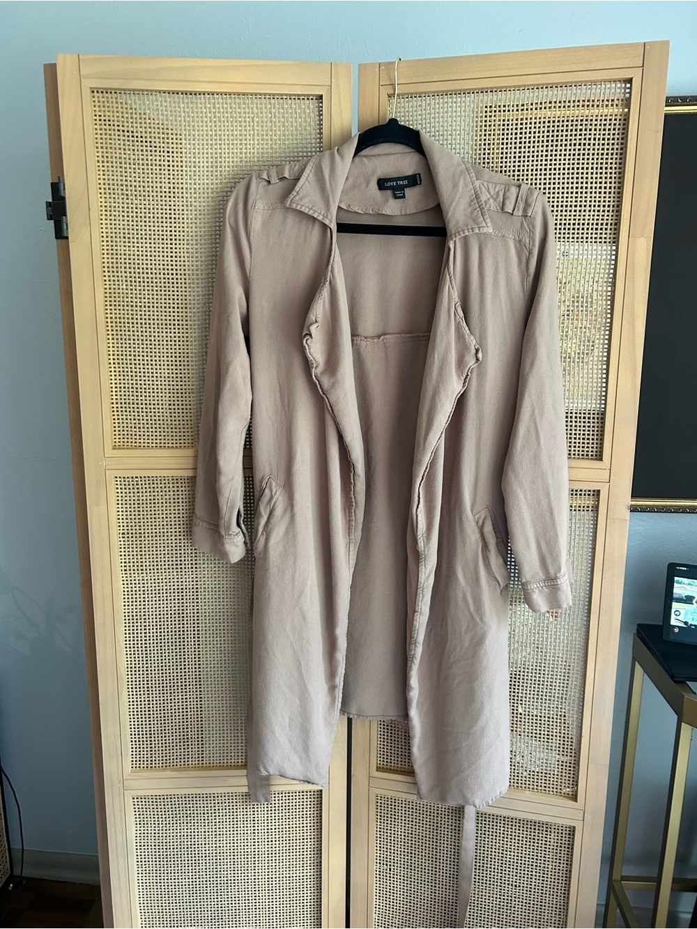 Love Tree Long Open Front Trench Coat in Light Taupe